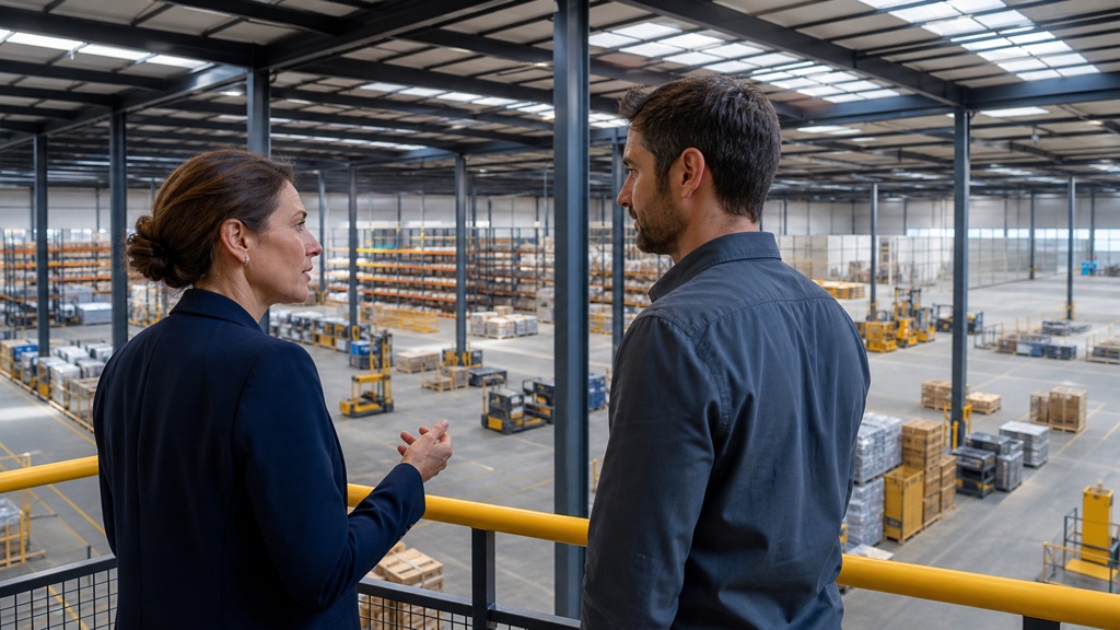 Responsables observant une plateforme logistique évolutive