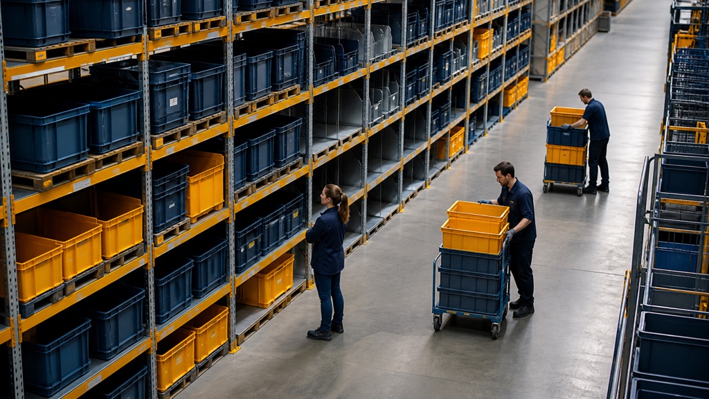 Équipe réalisant un inventaire dans une allée de bacs de stockage